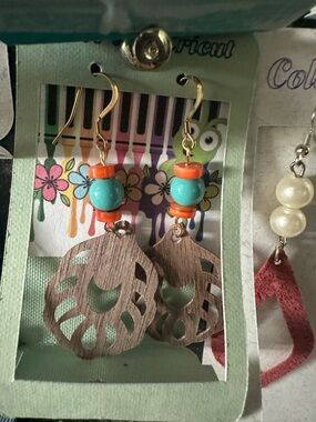 Turquoise & Orange Beaded Wood Drop Earrings